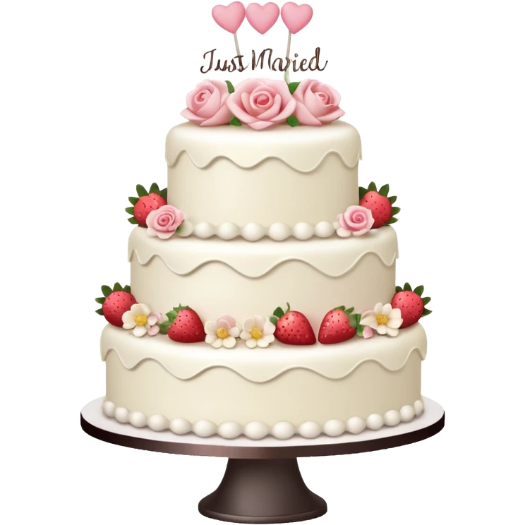 white wedding cake with strawberries, pink roses, 'Just Married' topper emoji