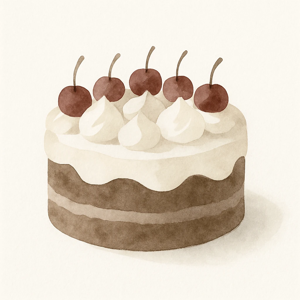 black forest cake, watercolor style, soft brush strokes, chocolate, cream, cherries, artistic and elegant emoji