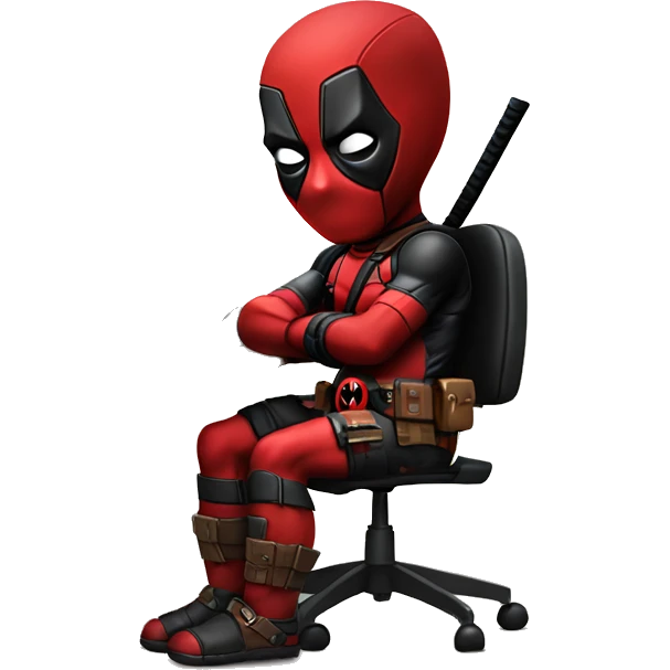 Cute Deadpool sitting at a desk, front view emoji