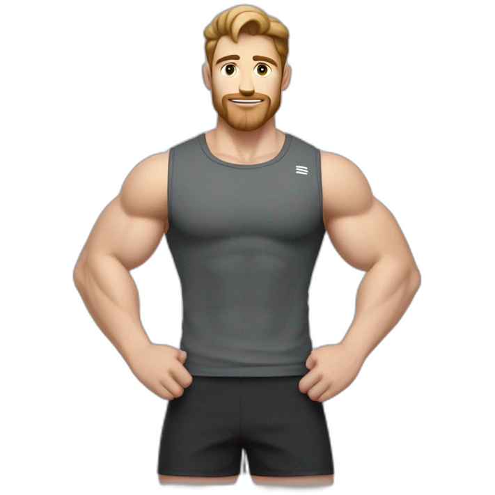 Close up Actively gesturing  with hands Pale skinned Fit Man With the biceps and brown hair in dark gray Sleeveless Mike, black oversize sports shorts, watch and white Sneakers emoji