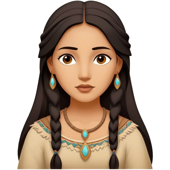 Cinematic Serene Pocahontas Portrait Emoji, rendered in a realistic, simplified vector style. Depict a gentle Pocahontas (chest and above) with warm, glowing skin, loosely flowing dark hair, and a calm, reflective expression, wearing modest traditional attire in earthy hues. The image is bathed in a soft, inviting glow with high shine and a soft glowing outline. emoji