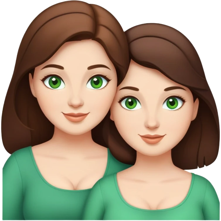 Happy curvy modest sisters, brunettes, green eyes emoji