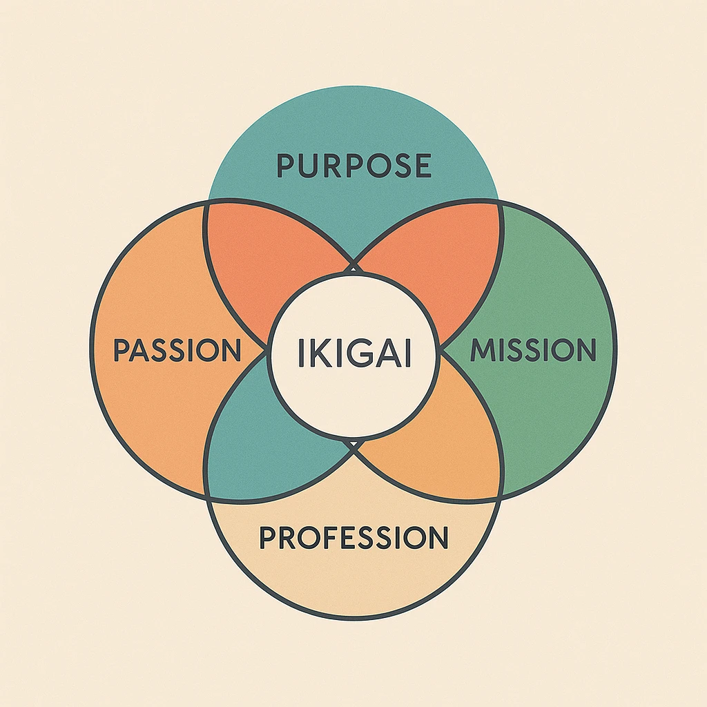 Ikigai concept visualized as a harmonious, balanced symbol, incorporating elements of purpose, passion, mission, vocation, and profession, in a modern, calming style emoji