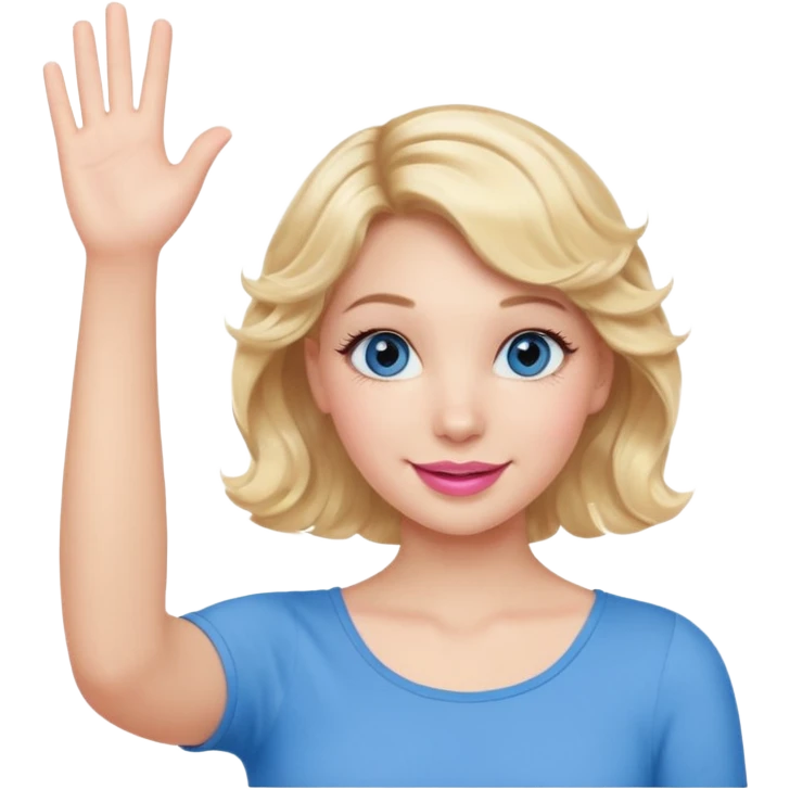 Girl Blonde short wavy hair,  blue eyes, cute blue top, long lashes, pink lips, waving hello  emoji