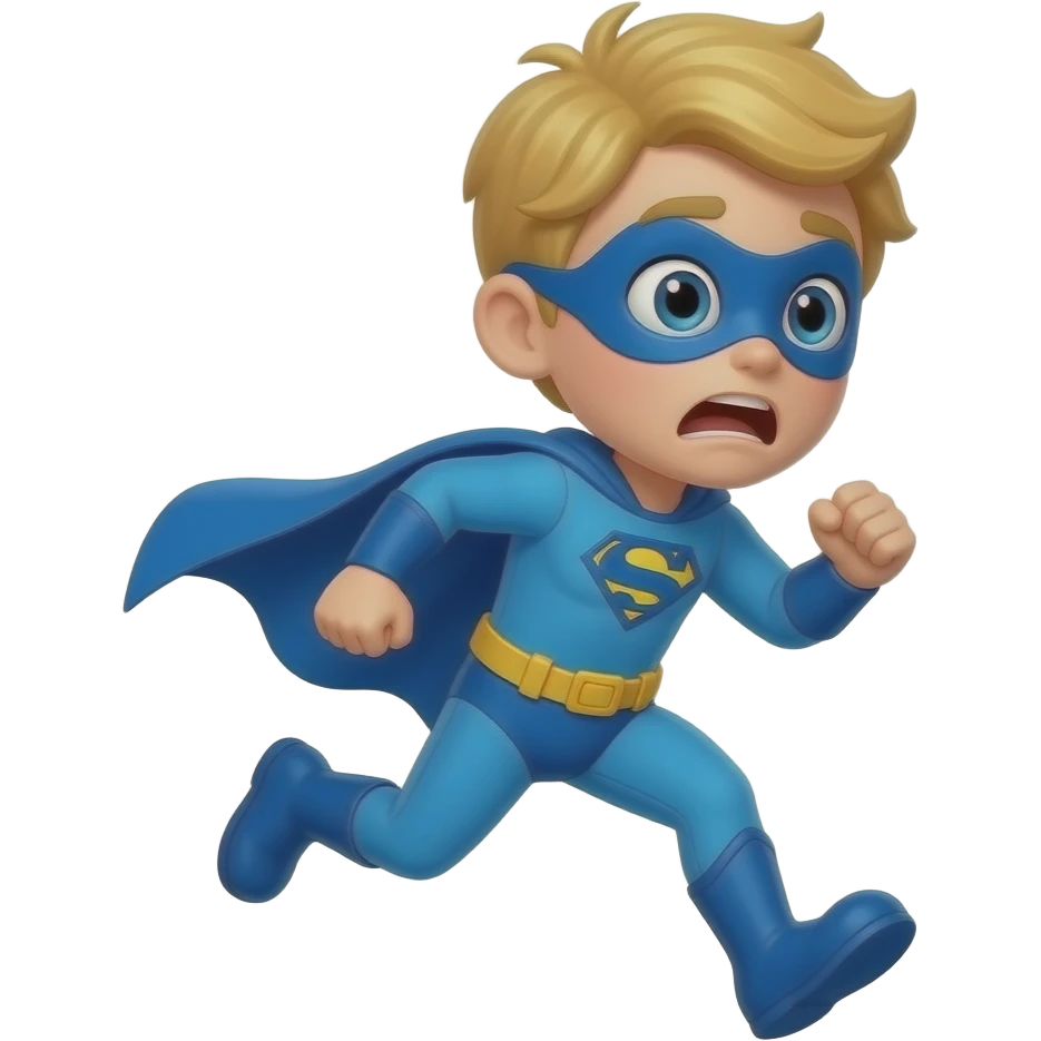 quiero que me hagas a una superheroe con el pelo rubio mascara azul i con un traje azul que sea una niño corriendo asustado emoji