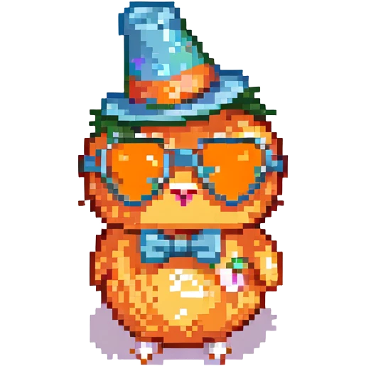 Add sunglasses, a party hat, and a bow tie to the orange heart. Keep the retro and vibrant pixel art style with no background as in the reference image. emoji