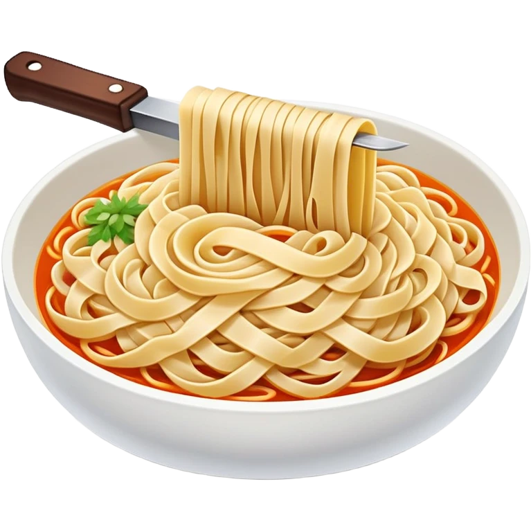 Shanxi knife-cut noodles with irregular thick shape being sliced, simplified emoji style with bold outlines and bright colors, cartoon style traditional Dao Xiao Mian emoji