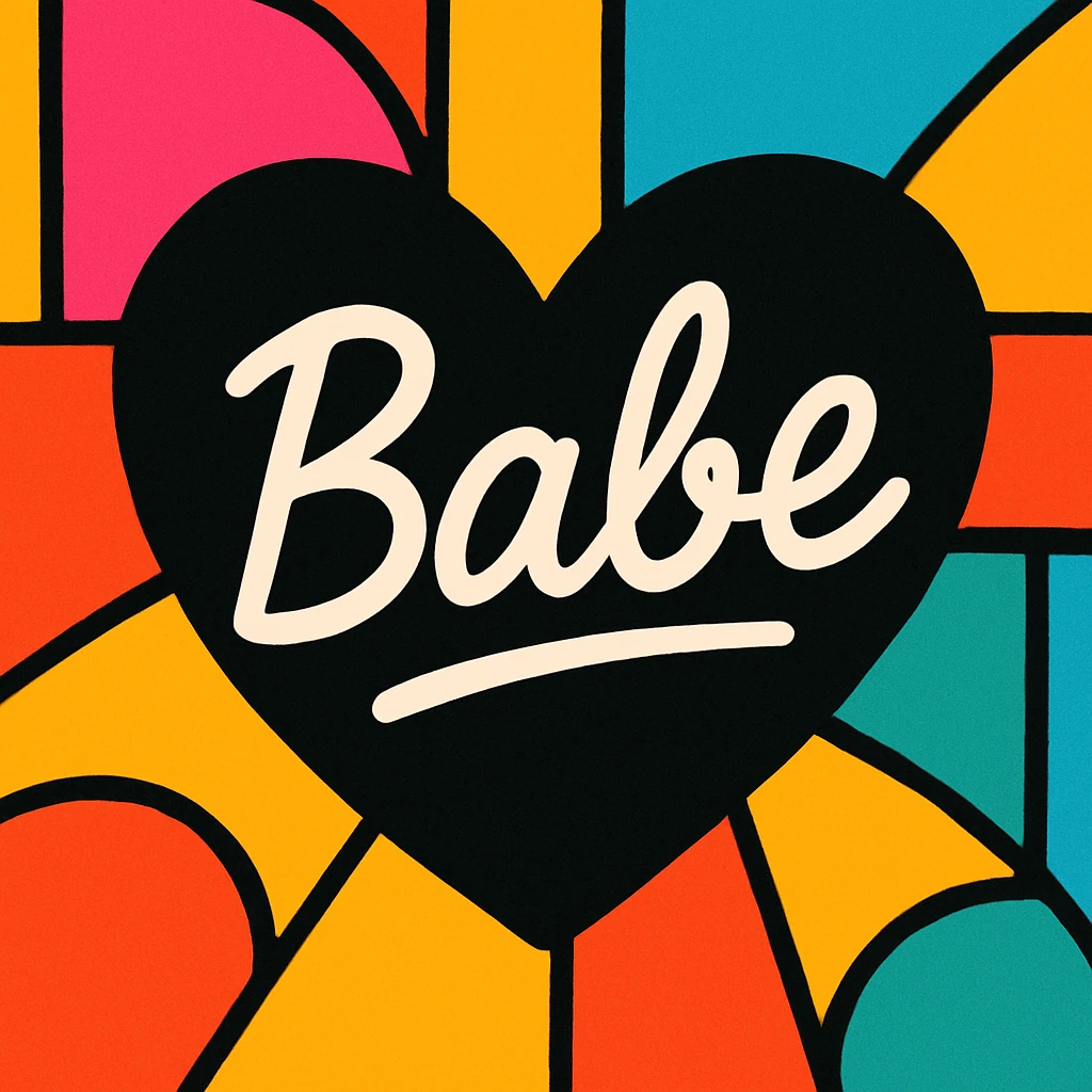 the word 'Babe' in white handwriting across a black heart, vibrant toon style, high contrast emoji