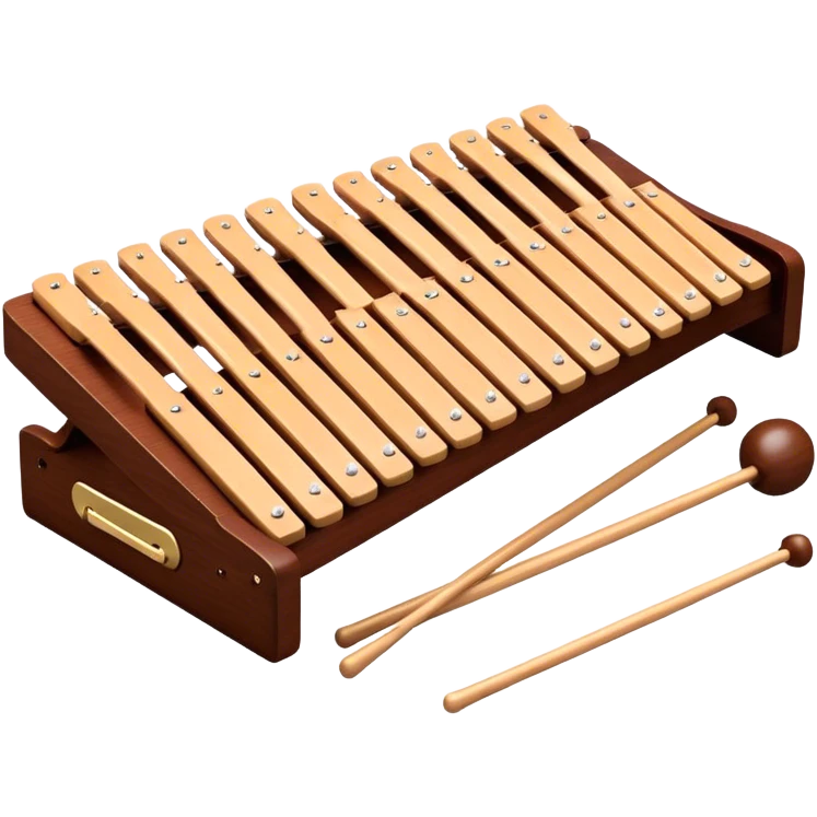 Create a detailed and professional emoji representing a Fleet FLT-SX37 long orchestral wooden xylophone. The design should showcase the large wooden bars of the xylophone, arranged in a traditional setup, with soft metallic accents on the mallets. The bars should have a rich wood texture, with polished details to reflect the quality of the instrument. The mallets should be held above the bars, with the heads clearly visible. Use warm, rich wood tones like mahogany and light brown, with silver or metallic accents for the mallets. Add subtle musical notes floating above the xylophone to emphasize its melodic sound. The background should be transparent. emoji