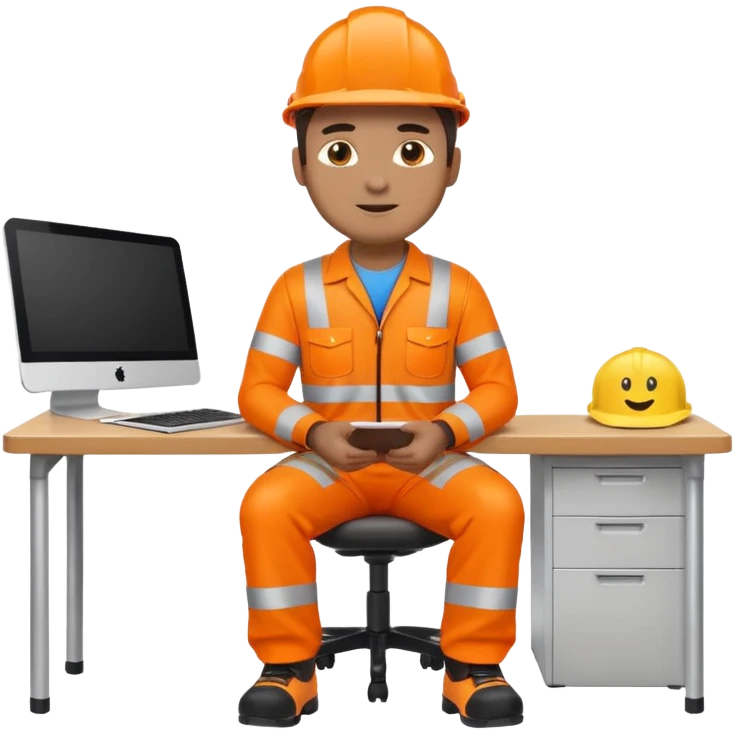 full body man in orange high visibility workwear seated at a desk, emoji style emoji