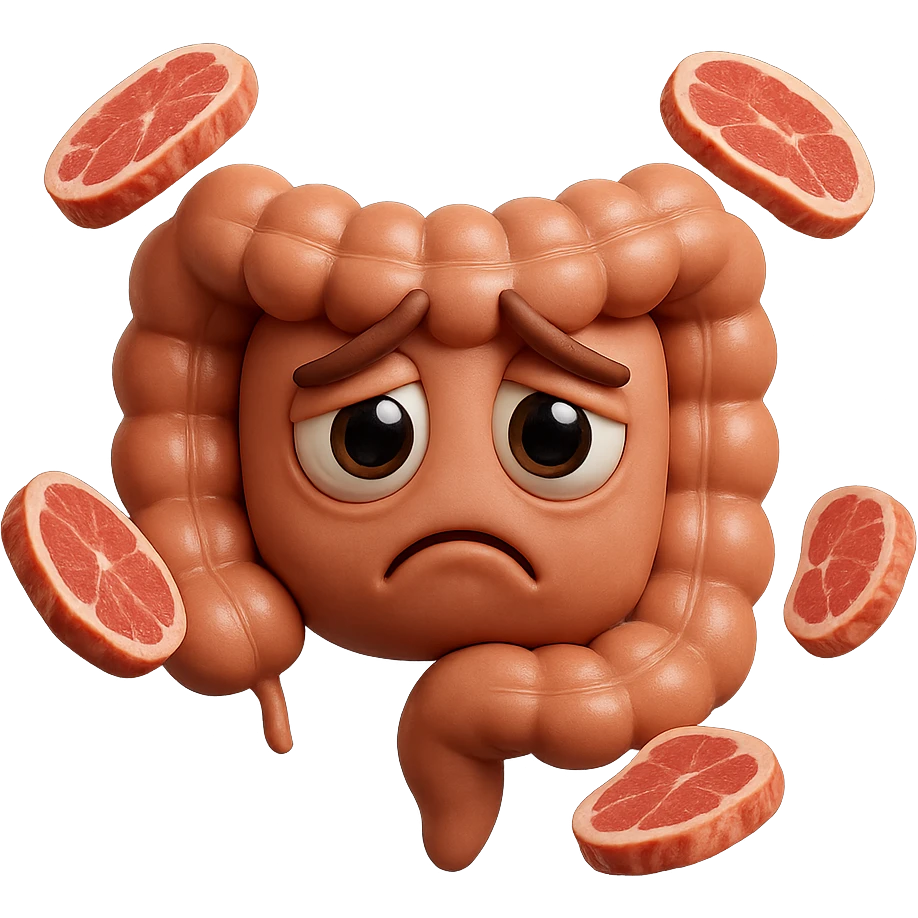emoji stile iphone in 3d di un intestino triste con fette di carne che gli fluttuano intorno, gli occhi falli con la parte bianca pure, iperrealistico 4k emoji