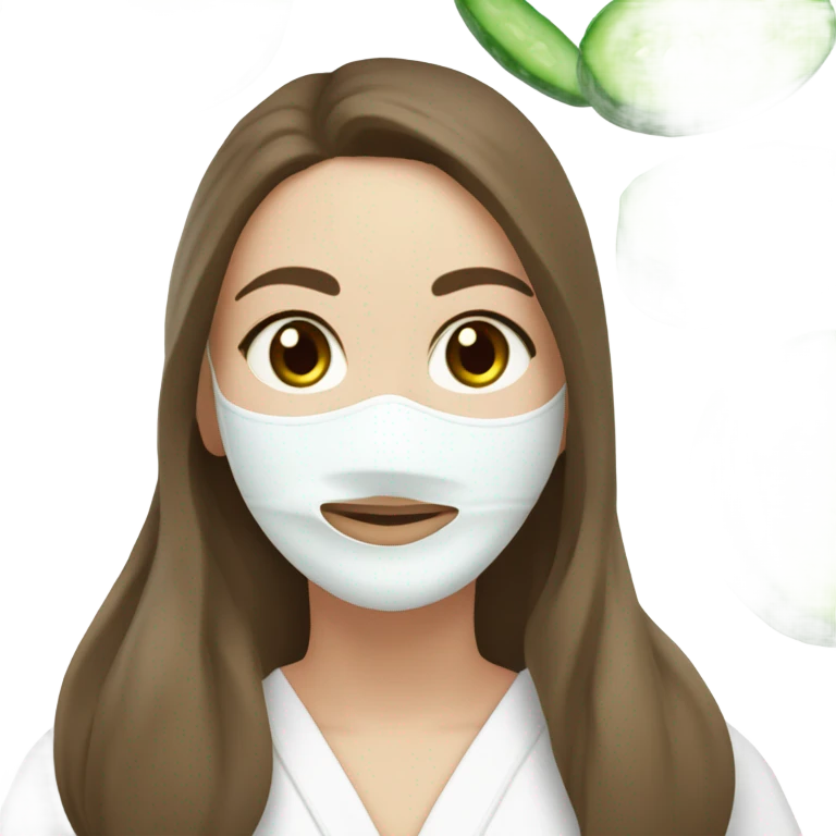 White girl with Brown hair and blue eyes wears a Green skincare textured mask and puts on cucumbers around her eyes while She relaxes in her white Robe emoji