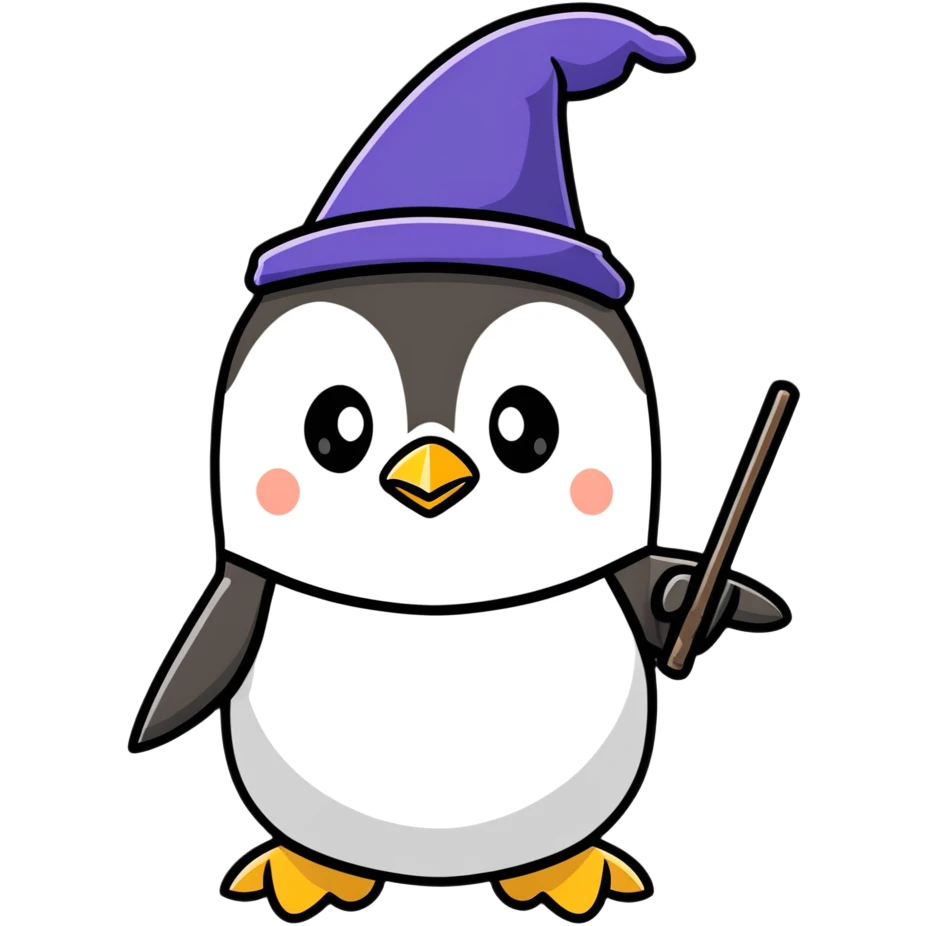 Penguin wizard with magical wand and wizard hat, cartoon sticker emoji