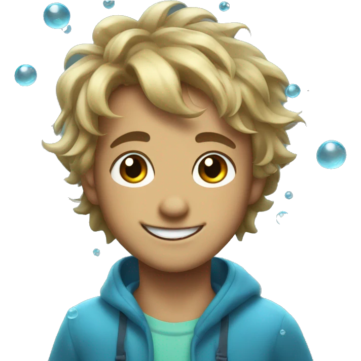 smiling wet boy with bubbles on his face and a pointy hair emoji