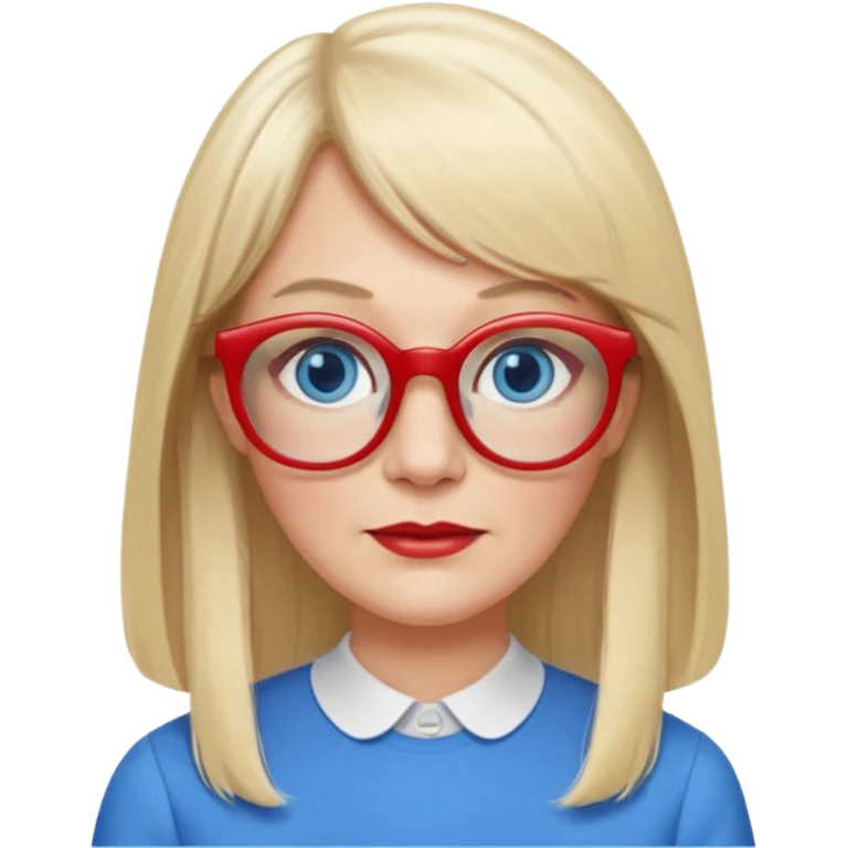 50 yr old white woman, pale skin, long straight blond hair parted in center, blue eyes, bangs, clothes for school, big red glasses, oval face,  emoji