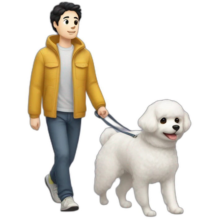 a 32-year-old man with pale skin and black hair going for a walk with a female 9-year-old Bichón Frisé dog. There shouldn't be a third person in the image, emoji