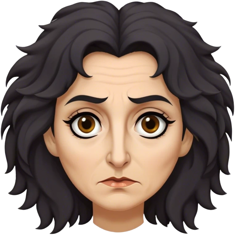 Mirri Maz Duur is a weathered, age 50 woman with deep-set dark eyes, high cheekbones, and a sharp nose, giving her a stern, knowing expression. Her long, unkempt dark frizzy hair  falls loosely over her shoulders emoji