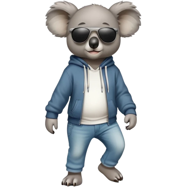 anthropomorphised koala full body wearing a hoodie and jeans dark sunglasses walking different pose emoji
