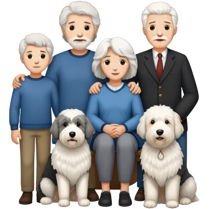 A family with mom, dad, three sons, and an Old English Sheepdog emoji