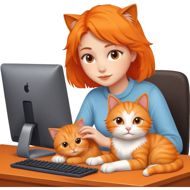 A girl is working in front of a computer, and a cat is lying next to the computer emoji
