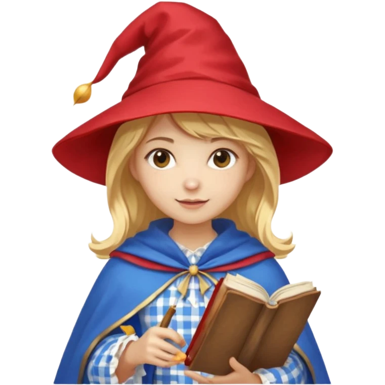 young woman mage with golden blonde hair, red and white gingham dress, blue cloak and pointy hat, holding a spellbook, emoji style emoji