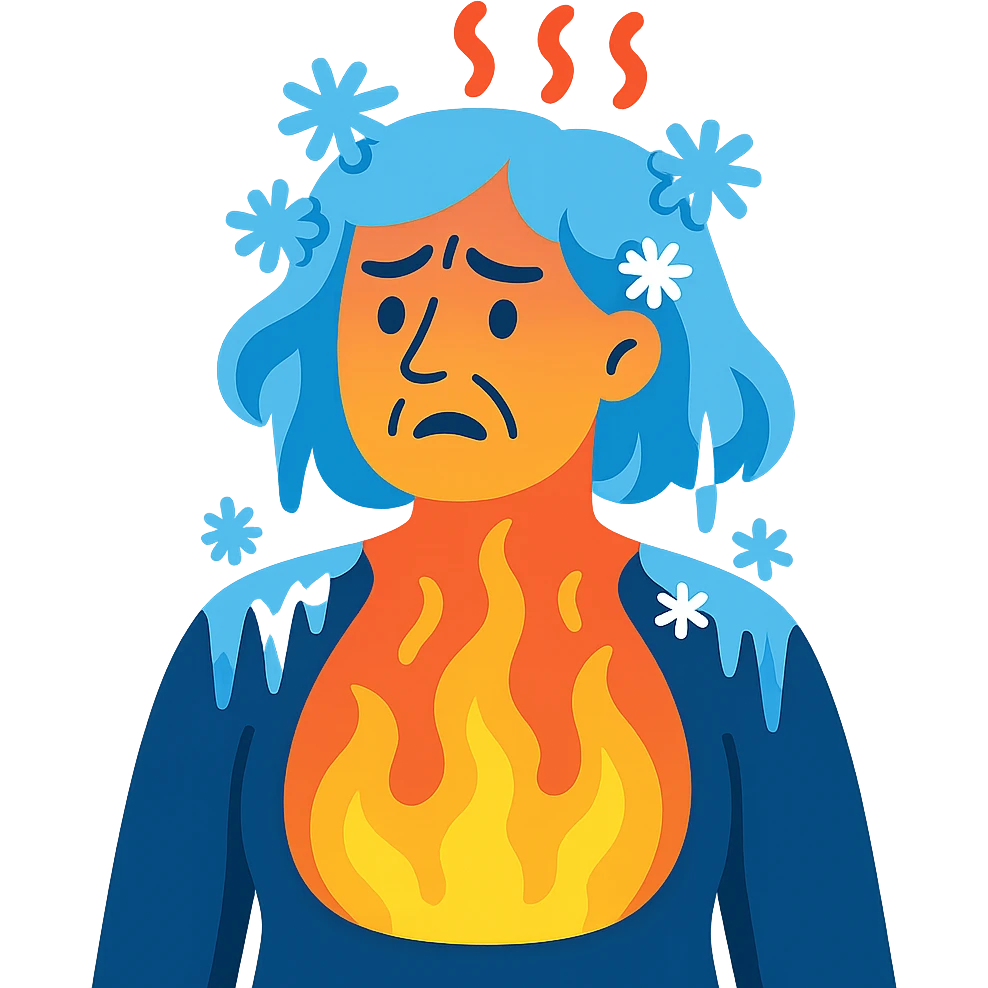 a cartoon woman with steam or fire inside her body and icicles or snowflakes on her hair and shoulders, showing menopause hot inside cold outside emoji