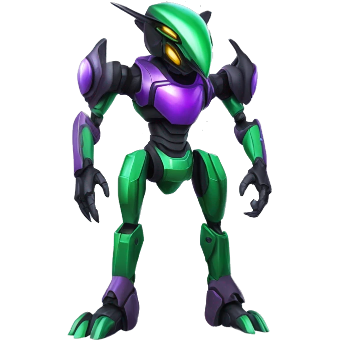 a shiny black-green-purple Genesect-Raptor-Fakémon-Medabot-hybrid with a futuristic visor-helmet full body emoji