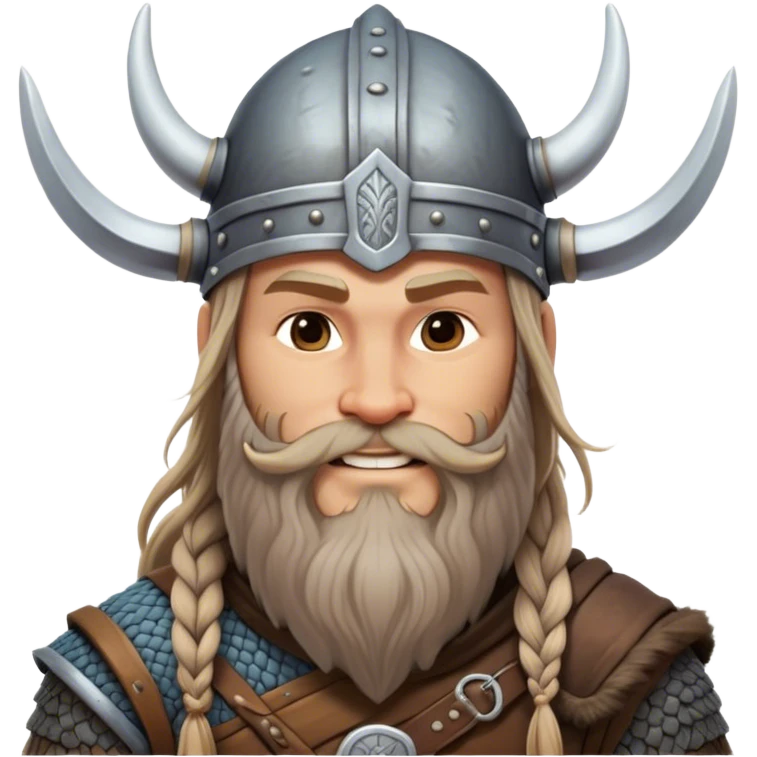 Clash of Clans aesthetic: Beautiful and Majestic Viking Portrait Emoji, Rendered in serene confidence with a gentle, enigmatic smile and a refined, weathered Viking helmet, showcasing a noble, sturdy build with long braided hair and a dignified beard, his face in natural skin tone, Simplified yet exquisitely endearing features, highly detailed, glowing with a soft, majestic Nordic light, high shine, calm and heroic, stylized with an air of timeless Norse elegance, soft glowing outline, capturing the essence of a majestic Viking whose noble spirit inspires epic quests! emoji