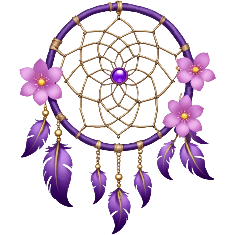 A silver-framed Dreamcatcher. with purple-round-orbs, gold-rings hanging down. purple flowers, pink sakura flowers, emoji