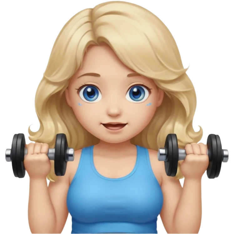 Kawaii emoji girl with big  blue glossy eyes, long wavy dirty blonde hair, happy expression, holding a dumbell, chubby cheeks, soft pastel colors, cozy and sweet aesthetic, clean background. emoji