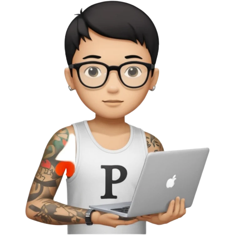 A young boy with A macbook laptop, black straight short hair, wearing glasses, wearing a tanktop, has tattoos, he is asian, no earrings, he's holding a laptop

Add the letters "P I F" floating around emoji
