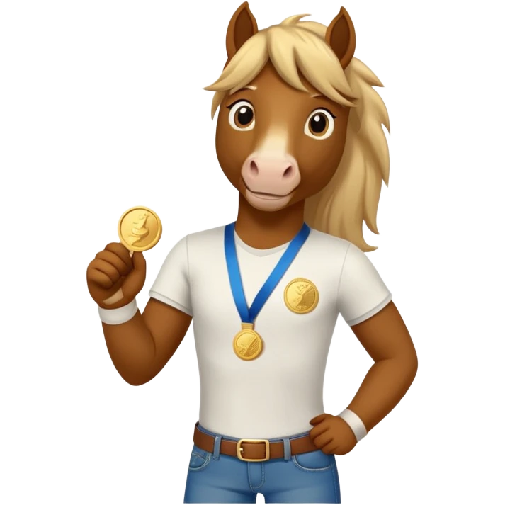 friendly anthropomorphised stallion in jeans and a t-shirt, standard pose, wearing a gold medal emoji