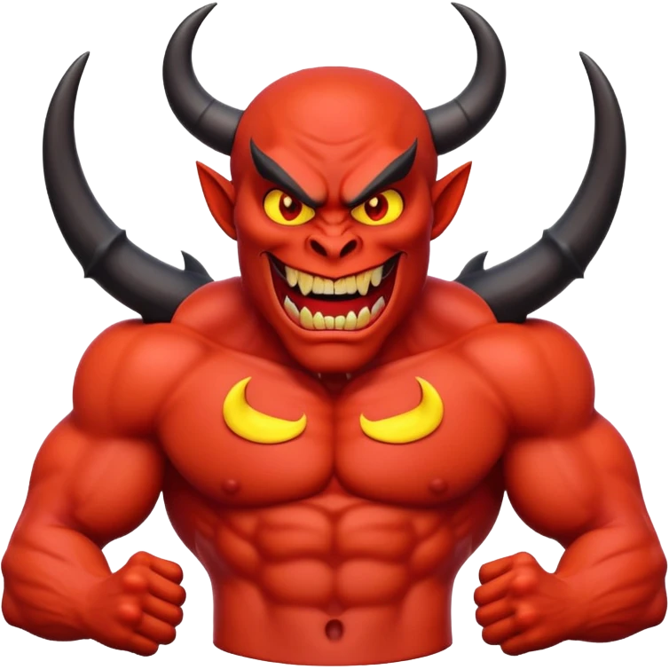 Muscular red devil emoji, black horns, glowing yellow eyes, sharp teeth, evil smile, defined abs, glossy red skin, dramatic lighting, 3D Pixar style, high detail emoji