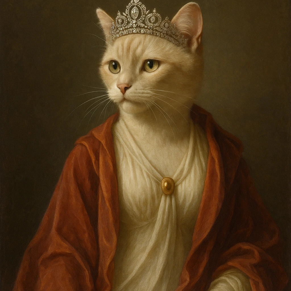 queen cat, sophisticated cat with tiara, flowing robes, graceful and noble appearance emoji