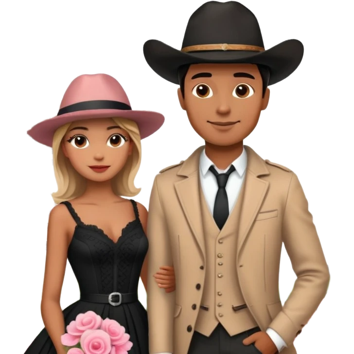 couple in front of Eiffel Tower, man in black cowboy hat, woman in elegant Parisian style dress with out hat, pink flowers around and Eiffel Tower in the background  emoji