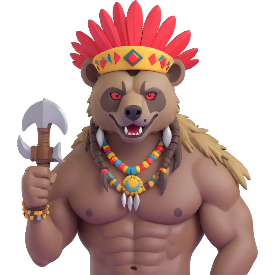 A native strong buff hyena with war bonnet flexing posing holding a chopped off human head by the hair  emoji