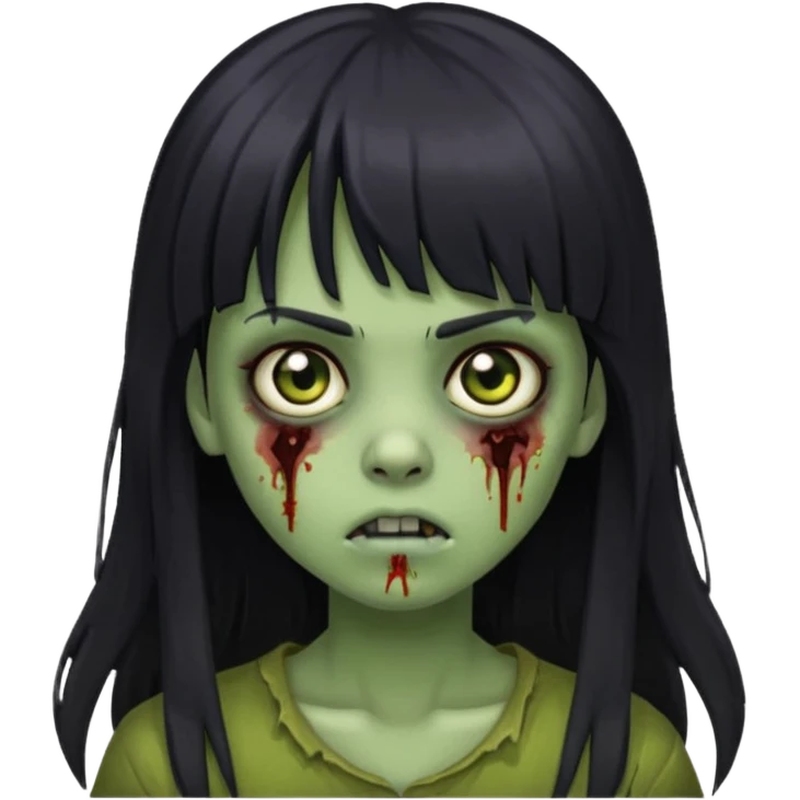 girl zombie with black long hair and bangs, greenish skin emoji