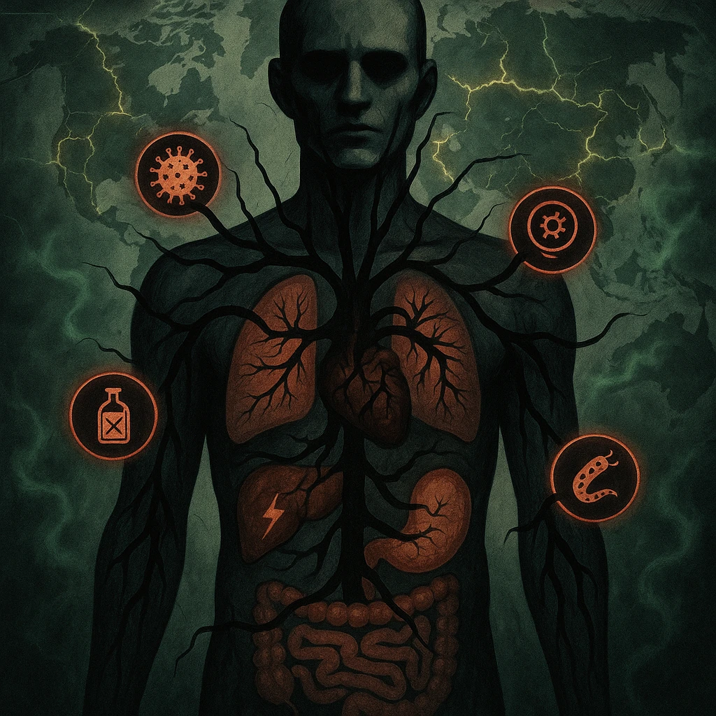 semi-realistic, high contrast human figure with black parasite tendrils branching to organs, each organ marked with a disease icon, world map, glowing fissures, green mist, global impact emoji