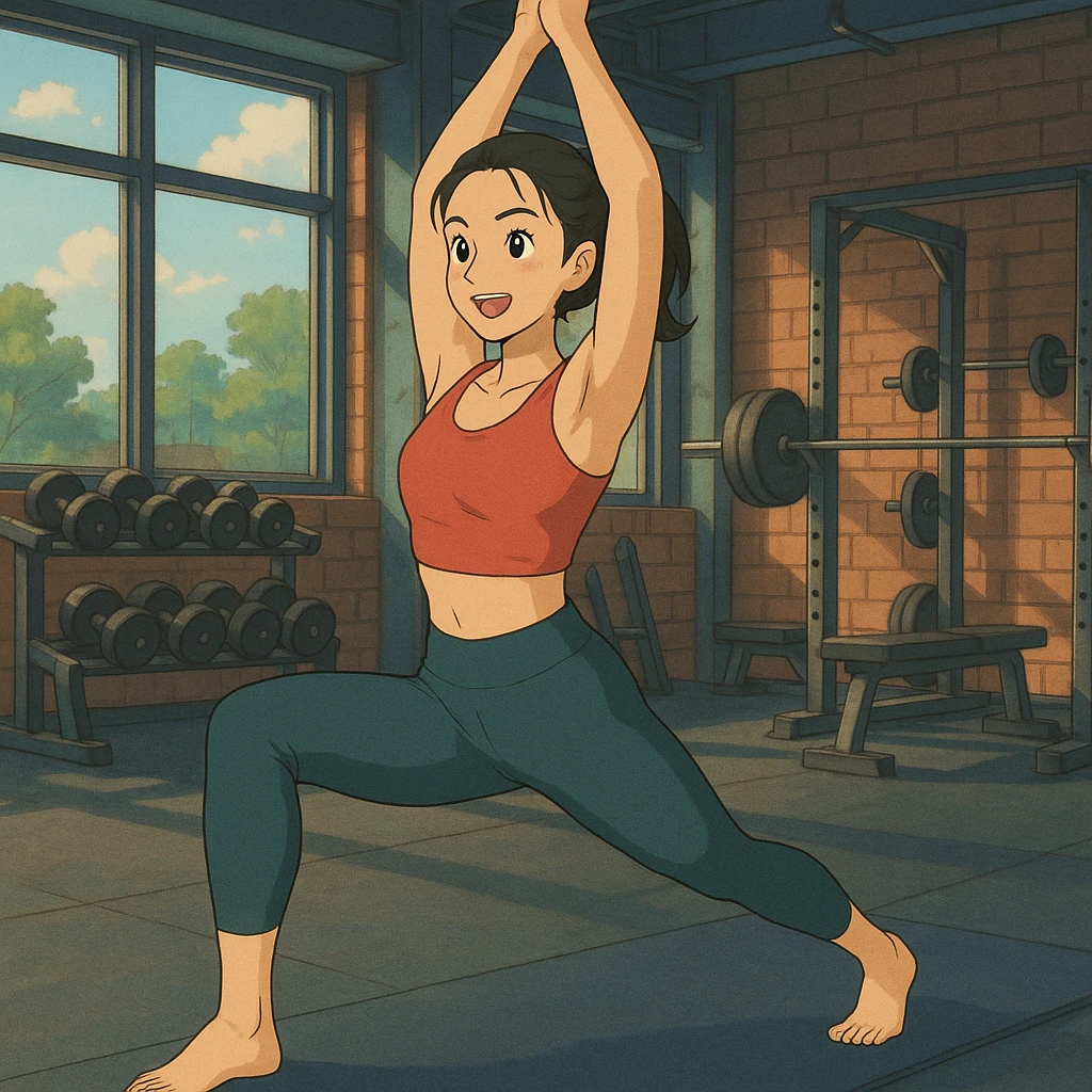 Edit the image of an Asian woman in a yoga pose, energetic, wearing fitness attire, with a gym background in ghibli style. emoji