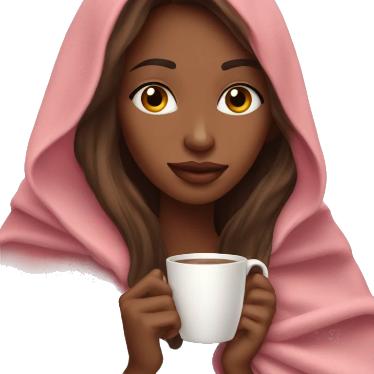 very long brown skin hair pretty girl in a pink blanket sipping coffee emoji