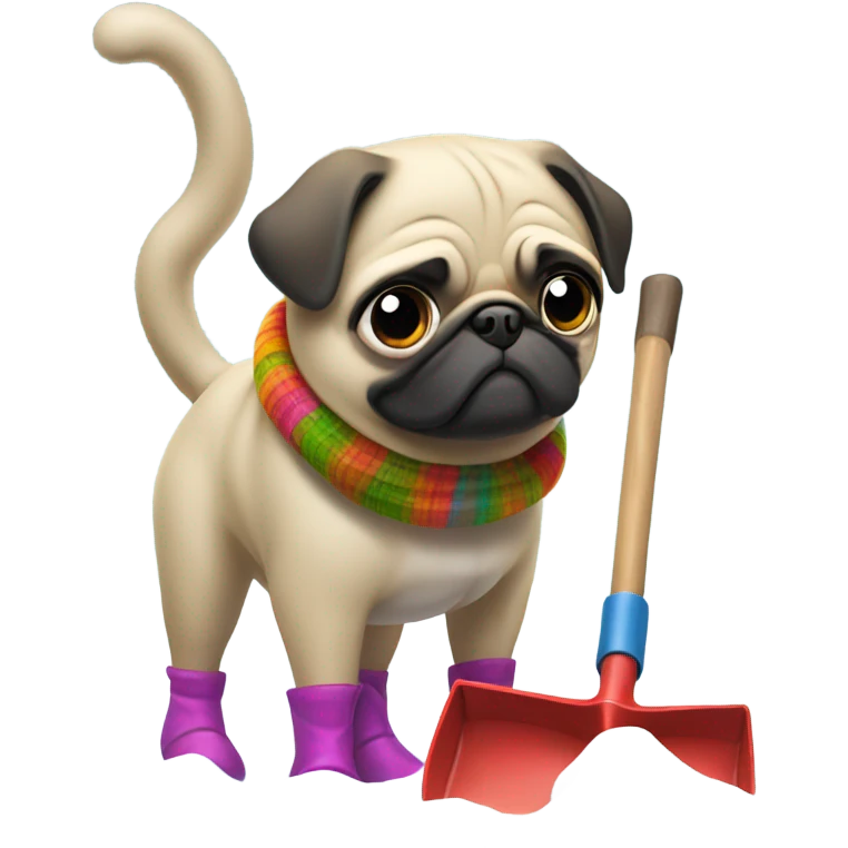 Pug with boots shoveling snow emoji