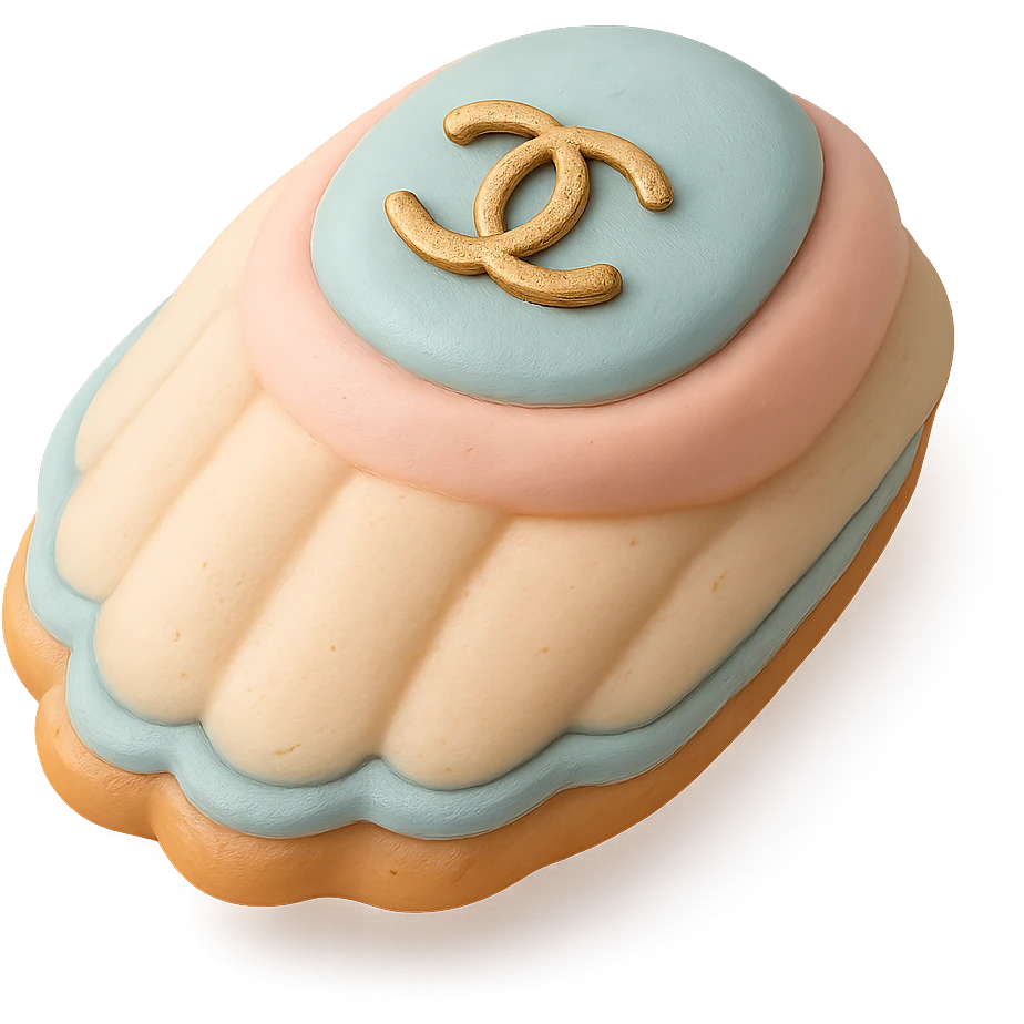 pastel fondant cake art style Chanel madeleine with a gold logo accent emoji