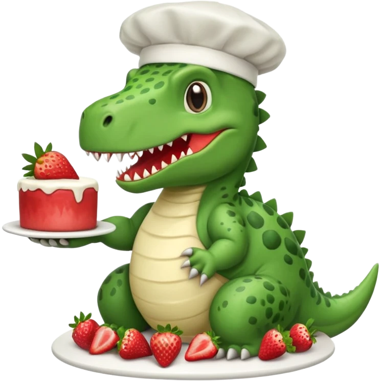 quiero un dinosaurio divertido para niños con delantal y gorro de chef y en la mano una tarta emoji