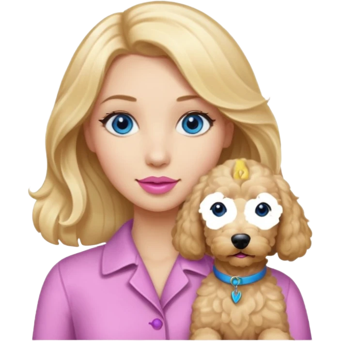Long, straight, blonde hair, blue eyed woman, wearing soft pink lipstick, holding a wavy blonde, goldendoodle. emoji