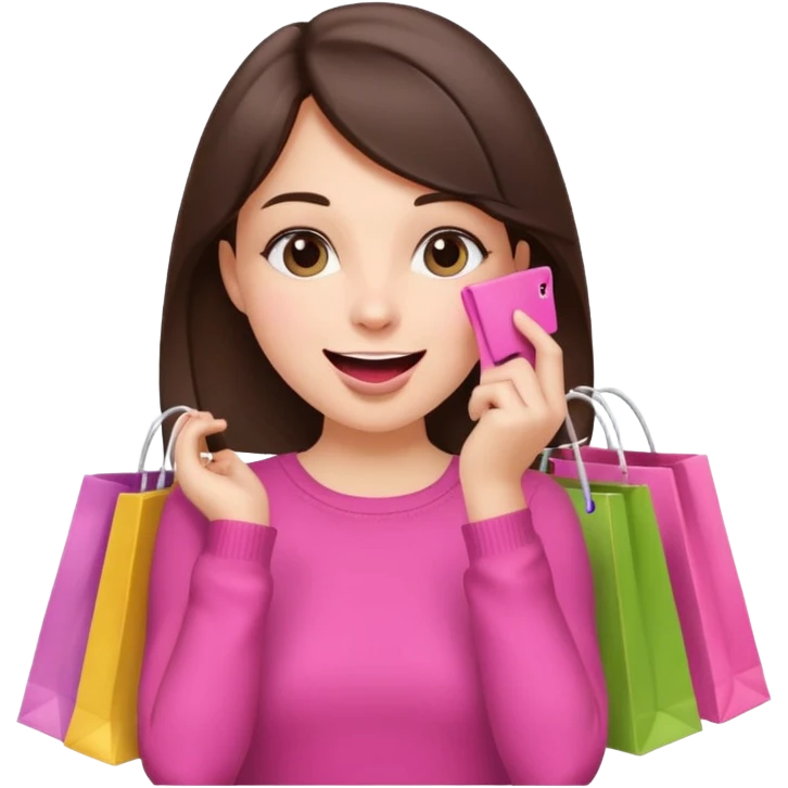 A happy brunette girl holding shopping bags with one hand on her mouth, just like the 🤭 emoji, in pink color scheme. emoji