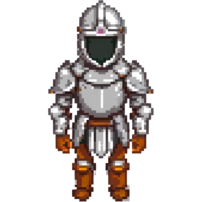 A pixel art knight in armor with a closed helmet, expressing sadness. The knight's arms and legs are in different positions. The image is portrait-sized and has a clear outline. emoji