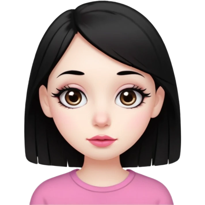 Pretty girly girl,pale skin,medium black hair,big eyes with long eyelashes,big pink cheeks,medium full pink lips, medium nose a little crooked,wear a black short,thick short brown eyebrows,no makeup emoji