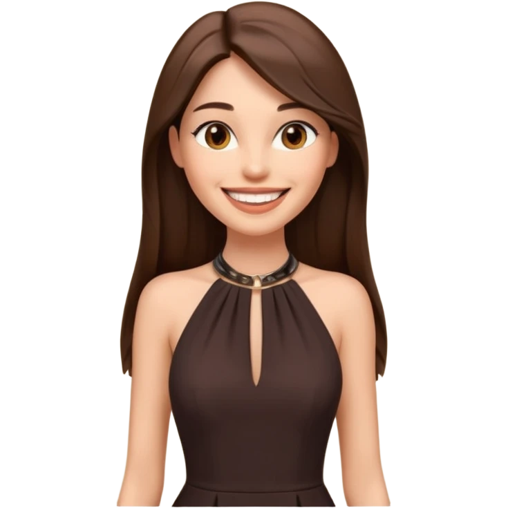 emoji-style illustration of a stylish pretty big smile woman with long straight brown hair, wearing a dark halter neck dress, elegant and chic slayed look, front-facing, soft 3D cartoon rendering, plain background emoji