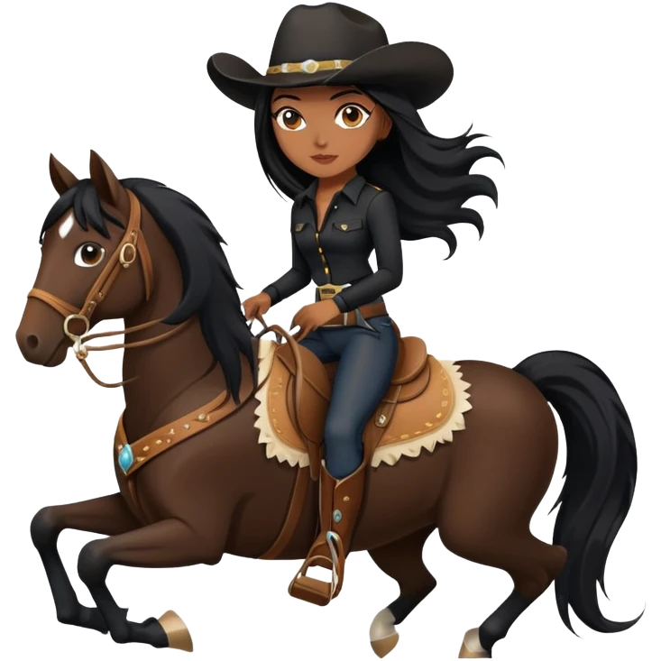 confident hot tanned woman with long black hair wearing black outfit riding a horse cowgirl style emoji