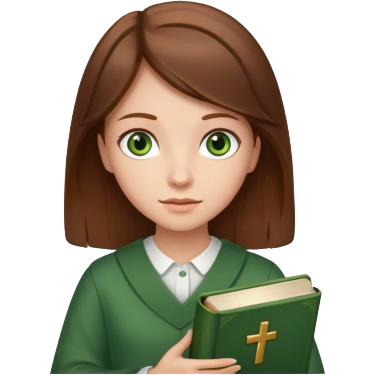 Girl with brown hair and green eyes holding Bible  emoji